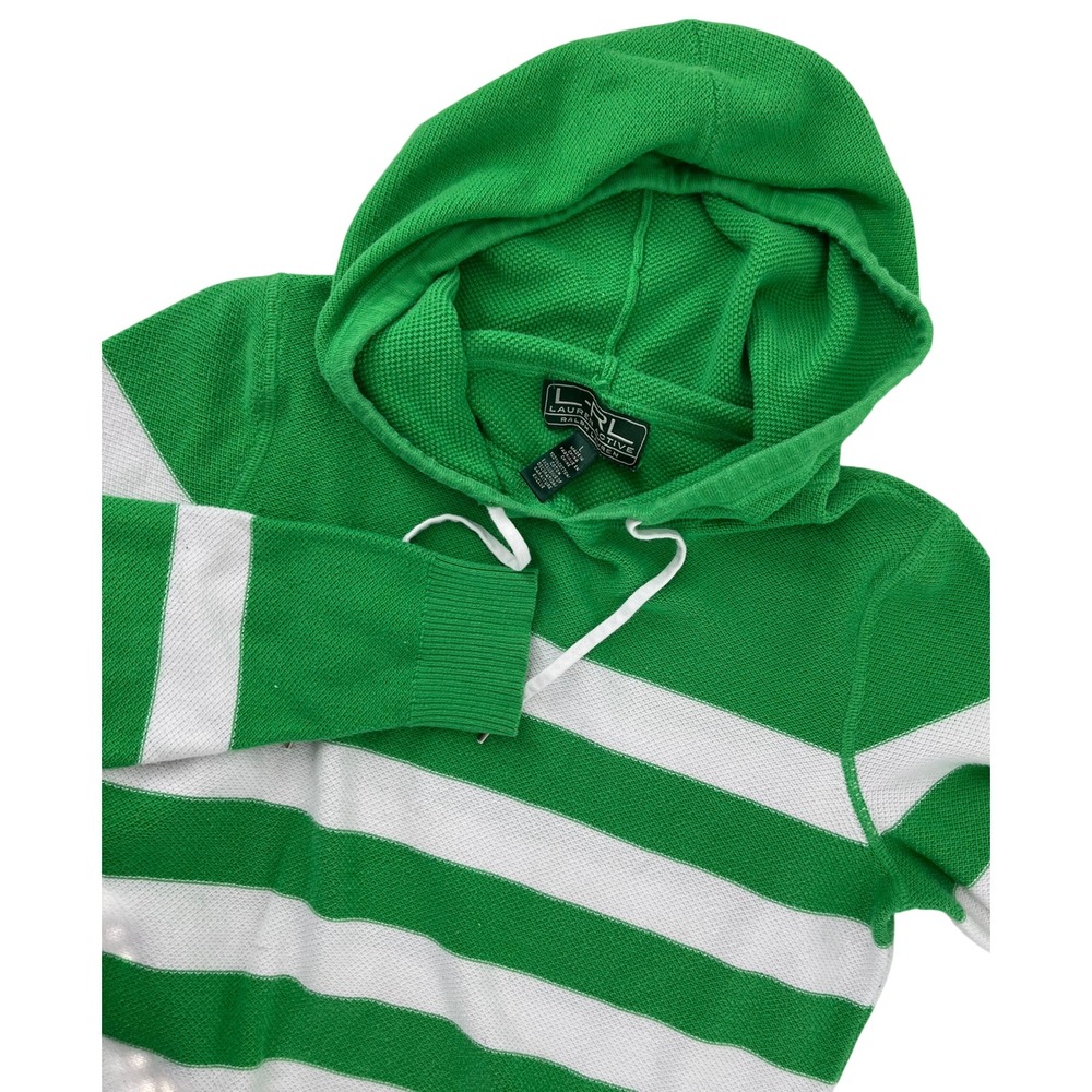 Lauren Active Ralph Lauren Green White Striped Cotton Knit Hoodie‎ Sweater L